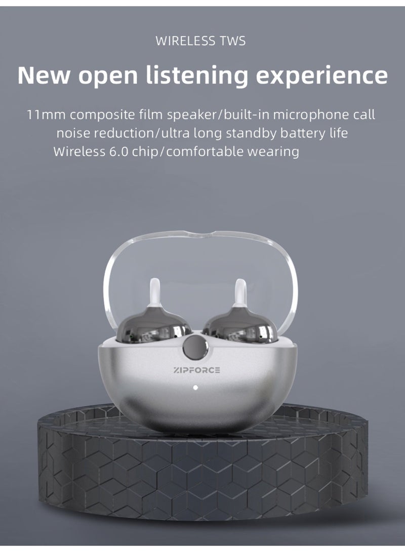 ZIPFORCE J80 True Open Ear  Clip Wireless Earbuds - Bluetooth 6.0,  Lightweight Comfort Clip Design OWS Earphones for Sports & Fitness，Silver - Image 2